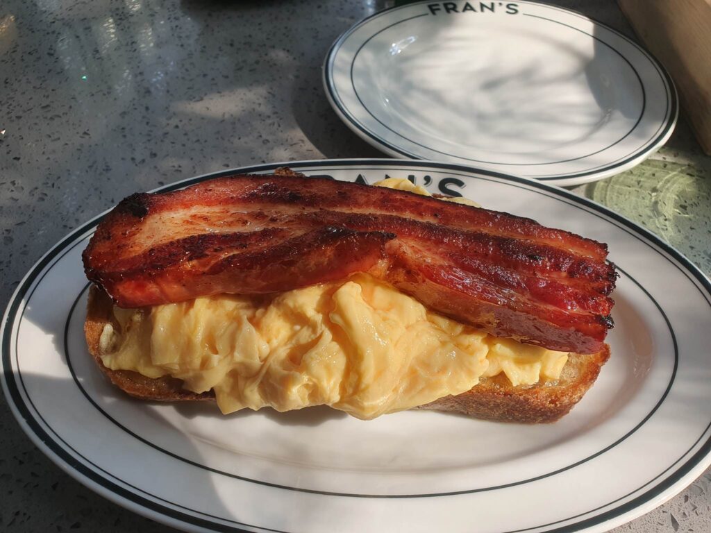 Fran's velvet egg and maple glazed thick cut bacon on sourdough