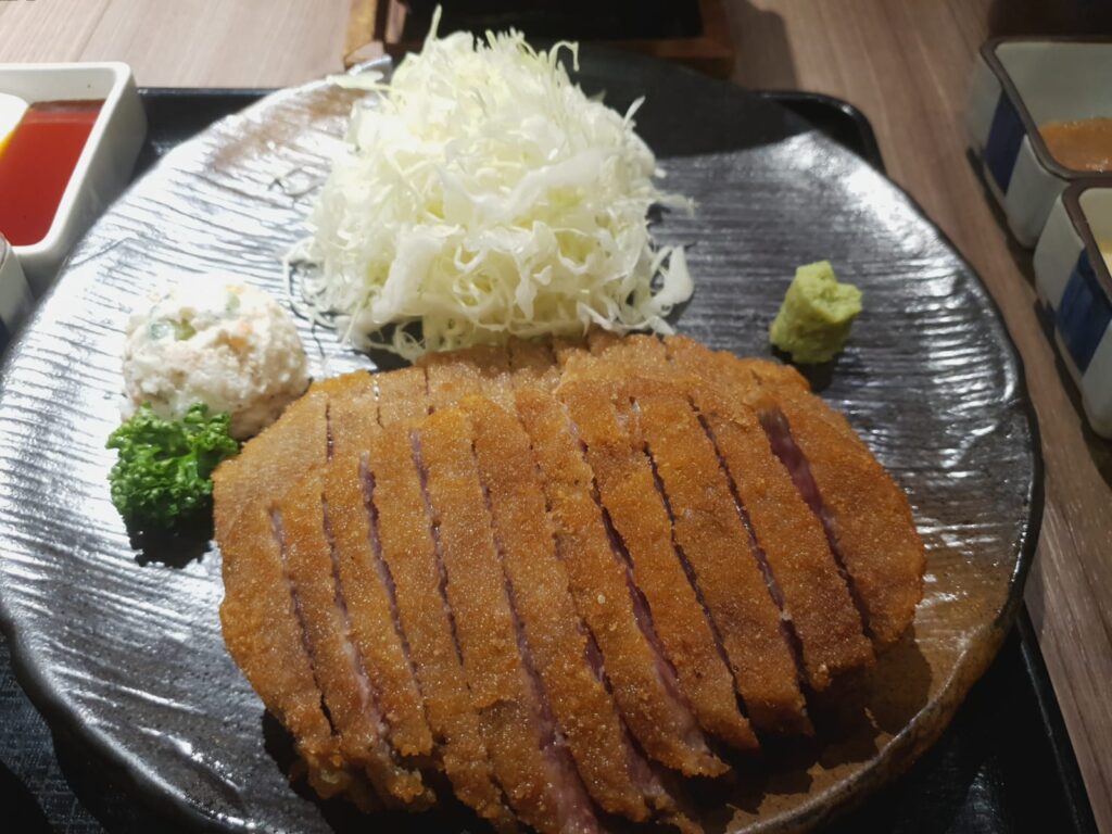 Gyukatsu motomura rare beef with cabbage and potato salad