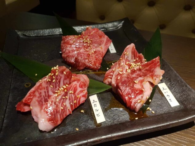 three cuts of Matsusaka wagyu at 松阪牛 焼肉のＧＡＮＳＡＮ 先斗町別邸