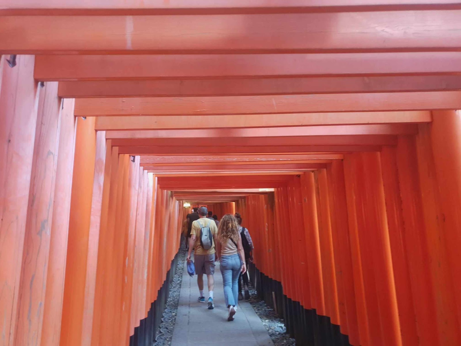Dense orange gates of Fushimi Inari Taisha with tourists