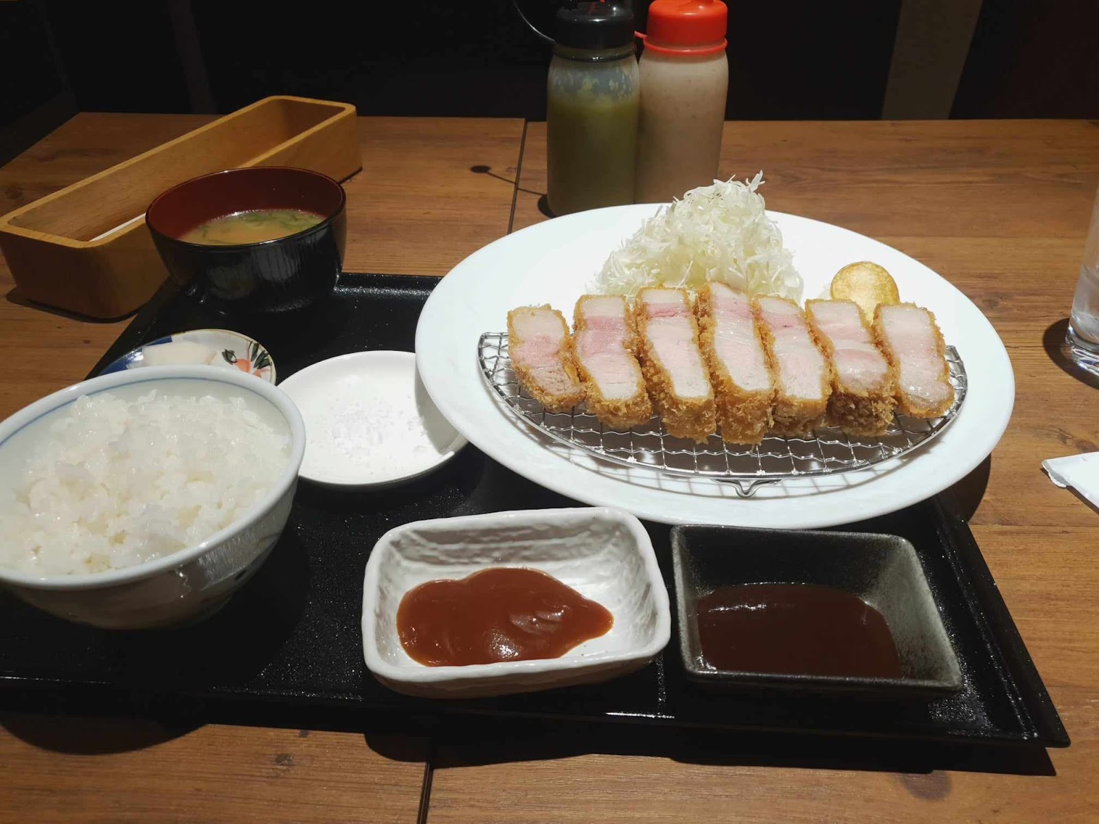 Full tonkatsu spread at Tonkatsu KATSU Hana in Osaka