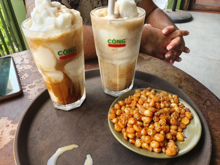Cong Caphe coconut iced coffees with corn nuts