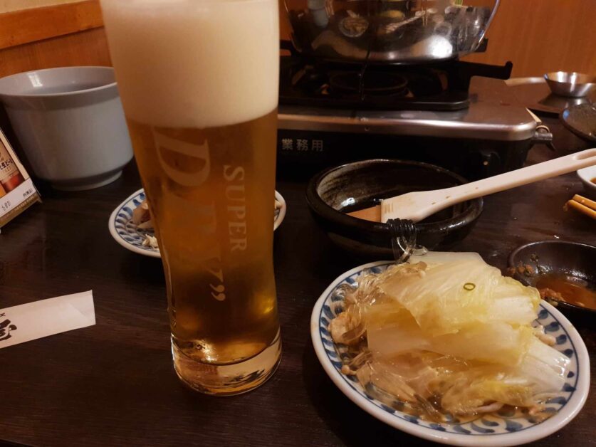 Asahi draft beer with fugu nabemono