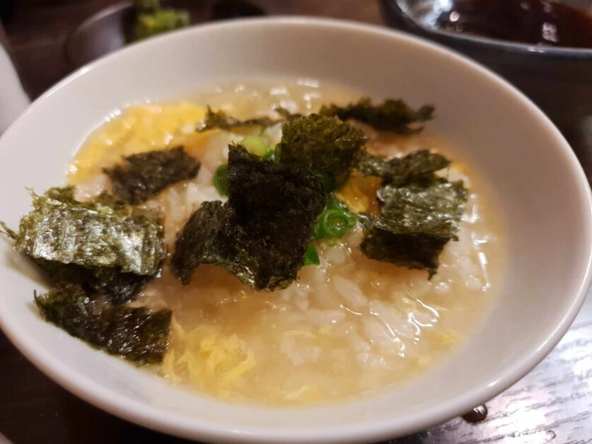 fugu nabemono porridge with nori flakes at Ike-fugu Torafuguya