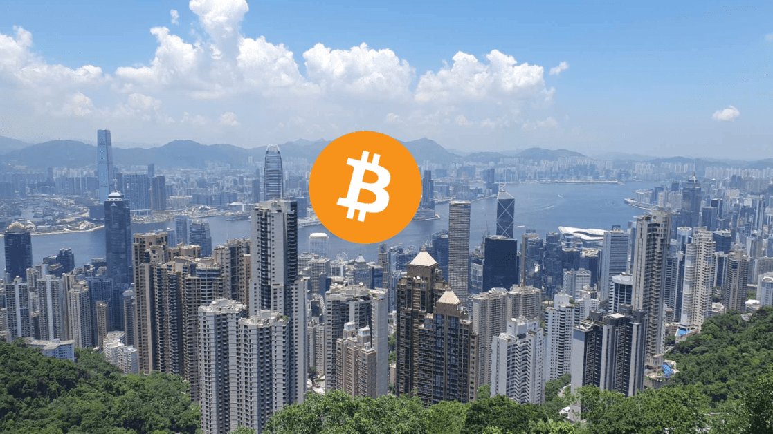 Bitcoin symbol over Hong Kong landscape