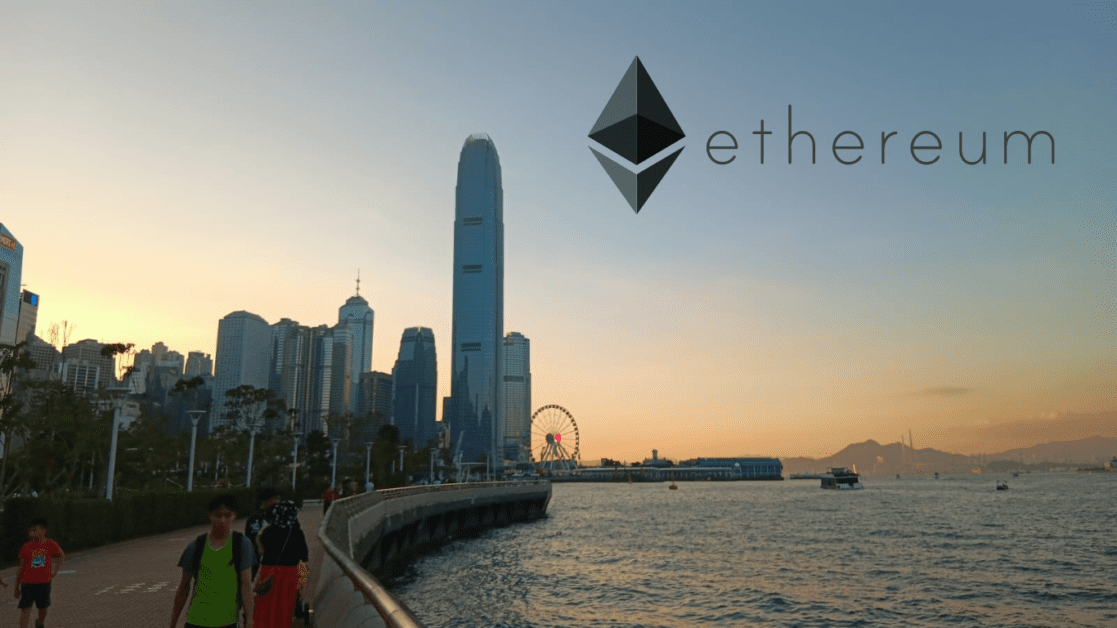 Ethereum logo over Hong Kong skyline