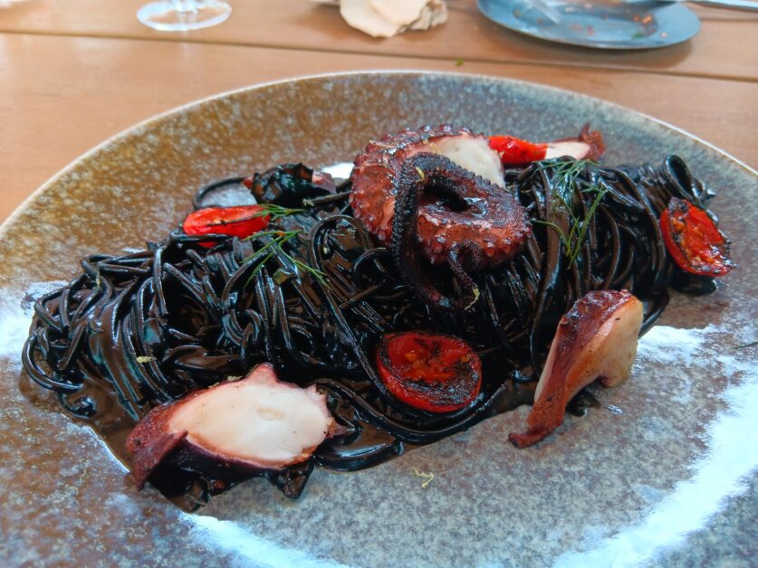 seared octopus ink seafood spaghetti at Hygge