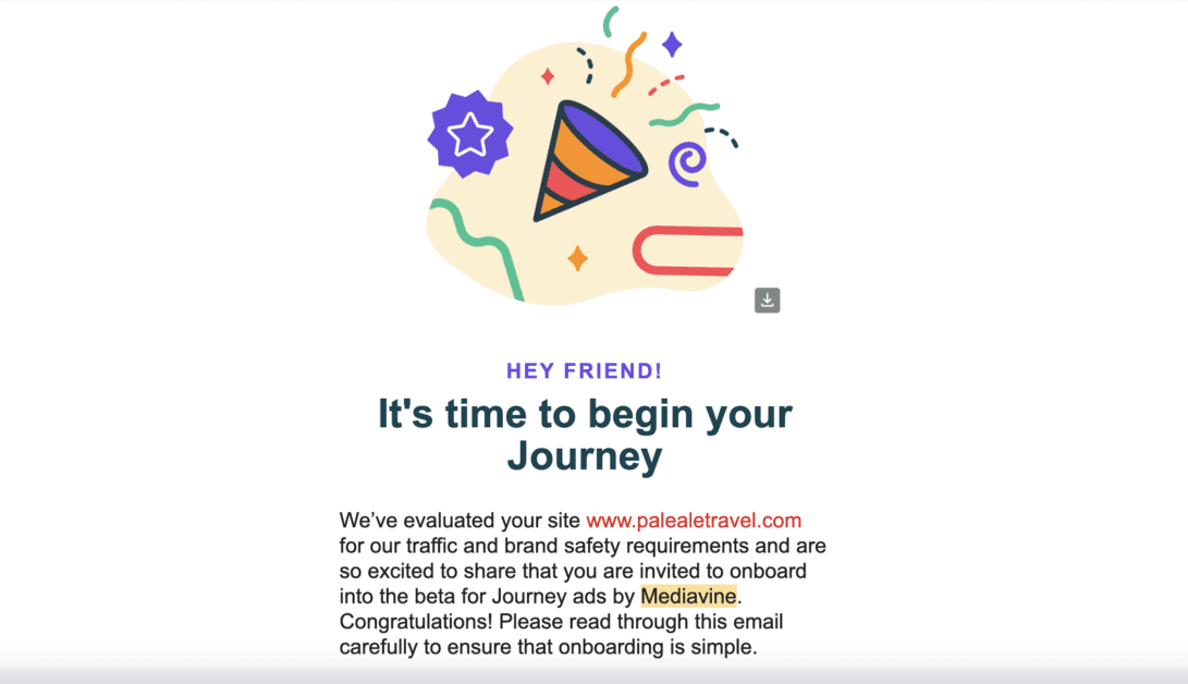 Mediavine Journey Acceptance email