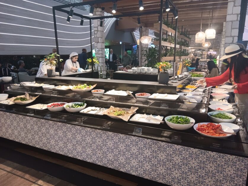 spreads, salads, and dips at Turkish Airlines business lounge