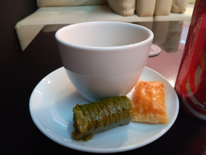 coffee with baklava at Turkish Airlines business lounge