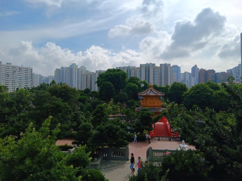 view of Nan Lian Garden from Chi Lin Nunnery pedestrian bridge