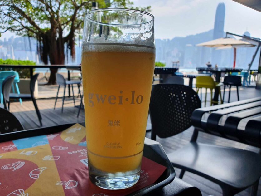 Gweilo beer and view of Hong Kong Island from Ink Seafood Bar