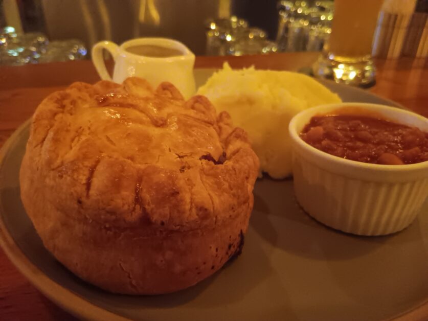 beef and mushroom pie and baked beans at The Globe Hong Kong