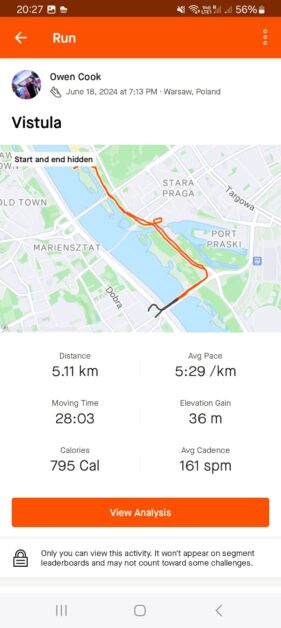 Warsaw Strava map Vistula River run