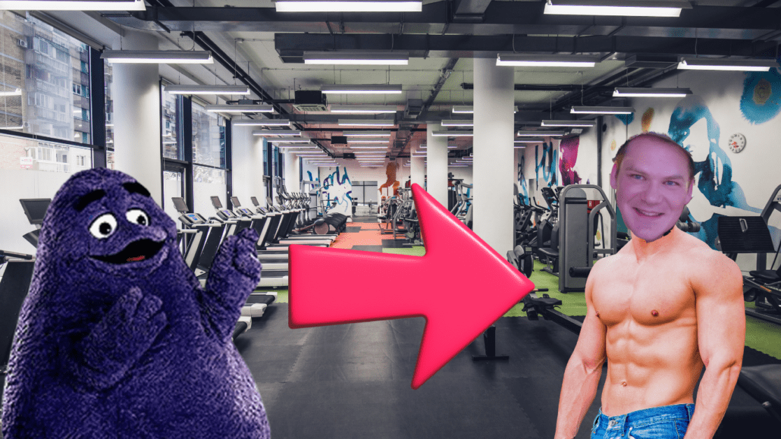 Grimace and my face photoshopped over shirtless dude in gym